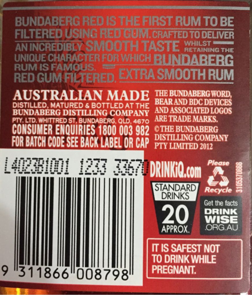 Bundaberg Rum Extra Smooth Red - The Bundaberg Distilling Company (700 mL) alcohol collectible [Barcode 9311866008798] - Main Image 2