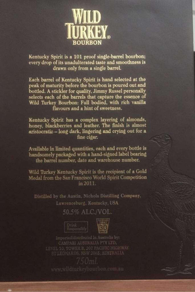 Wild Turkey Kentucky Spirit - Austin, Nichols Distilling Company (750 mL) alcohol collectible [Barcode 9343496001016] - Main Image 2