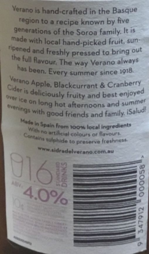 Sidra Del Verano Apple, Blackcurrant & Cranberry Cider 500ml - Sidra Del Verano (500 mL) alcohol collectible [Barcode 9347912000058] - Main Image 2