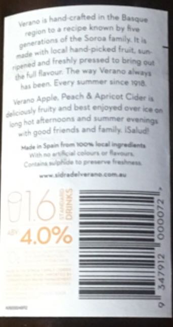 Apple, Peach & Apricot - Sidra Del Verano (500 mL) alcohol collectible [Barcode 9347912000072] - Main Image 2