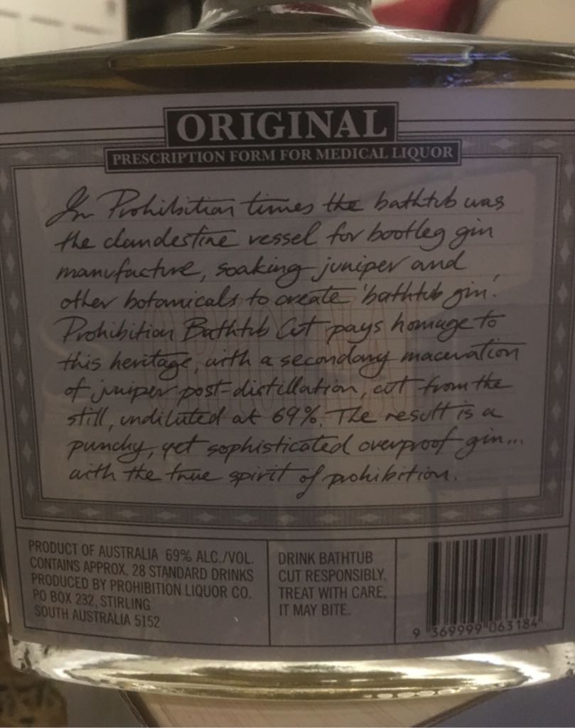 Bathtub Cut Gin - Prohibition Liquor Co (500 mL) alcohol collectible [Barcode 9369999063184] - Main Image 2