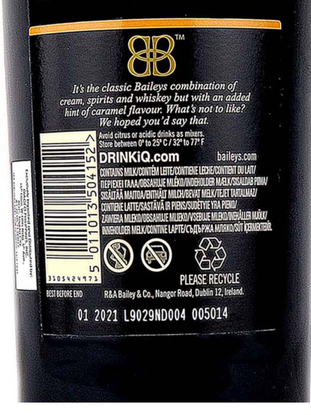 Baileys Irish Cream With A Hint Of Caramel - R&A Bailey & Co. (700 mL) alcohol collectible - Main Image 3