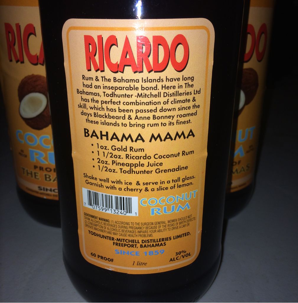 Ricardo Coconut Rum - Todhunter-Mitchell Distilleries Ltd. (1L) alcohol collectible - Main Image 2