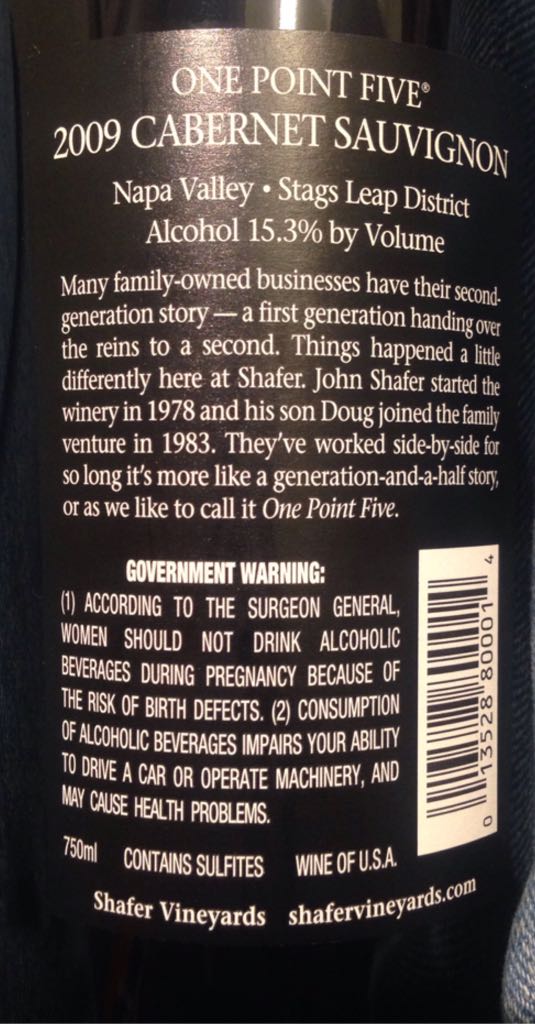 Shafer Vineyards One Point Five - Shafer Vineyards Stags Leap District (750 mL) alcohol collectible - Main Image 2