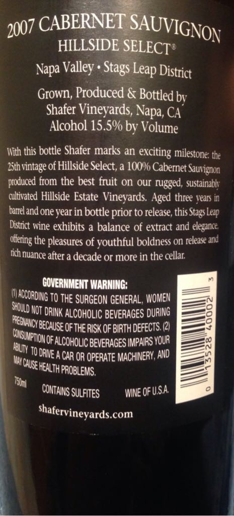 Shafer Hillside Select 25th Anniversary - Shafer Vineyards Stags Leap District (750 mL) alcohol collectible - Main Image 2