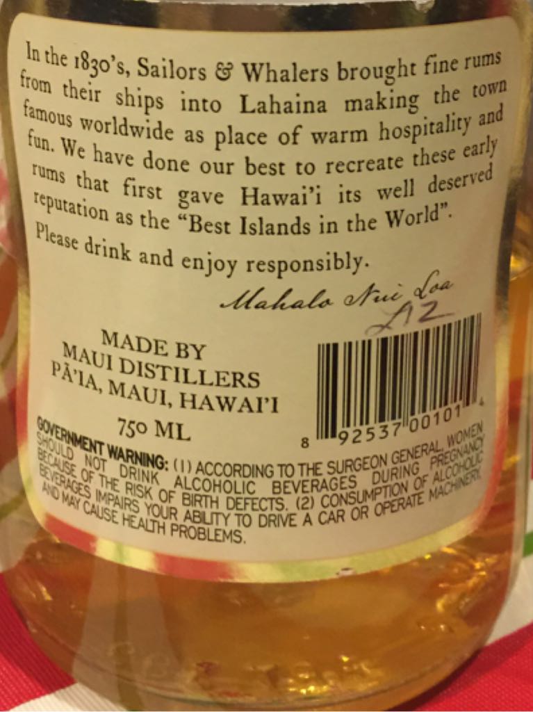 Old Lahaina Gold Rum - Hawaiian Distillers (750 mL) alcohol collectible - Main Image 2