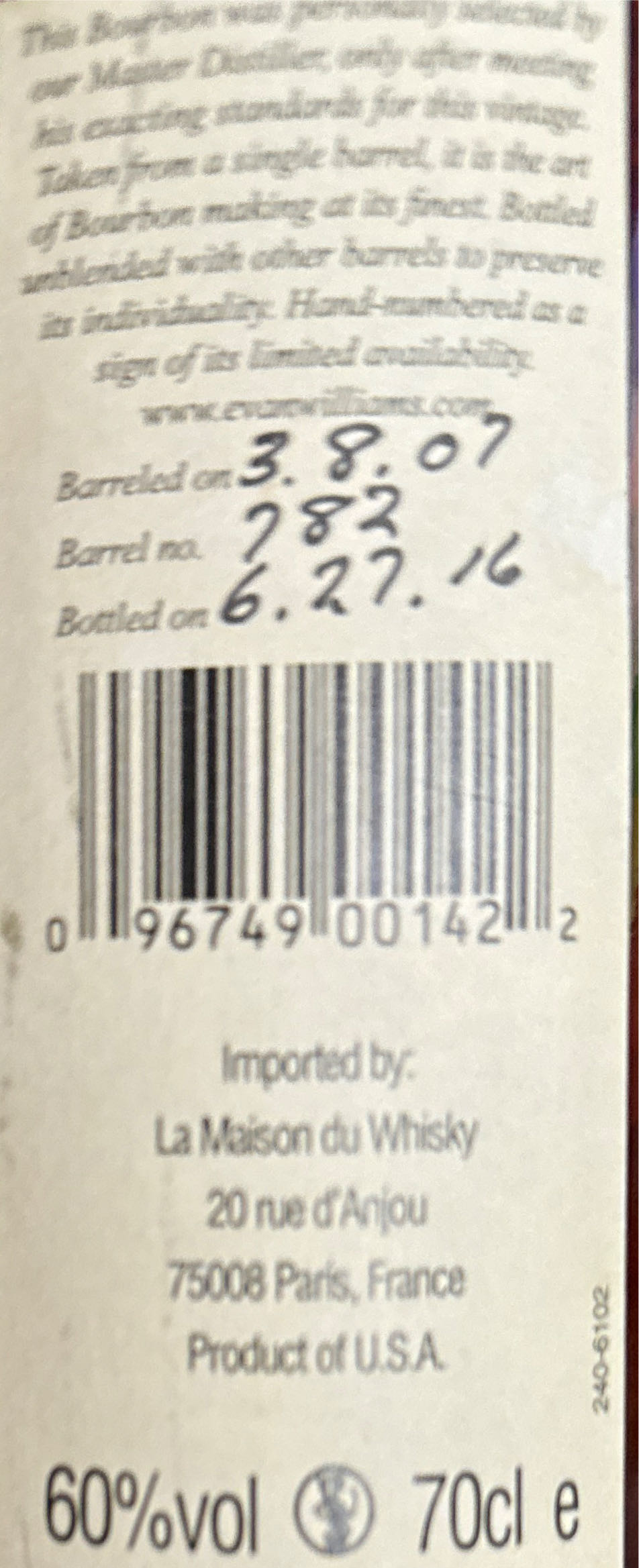 Evan Williams Single Barrel Vintage LMDW 60th 2016 ❤️❤️ - Old Evan Williams Distillery (750 mL) alcohol collectible - Main Image 3