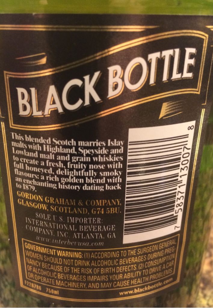 Black Bottle Blended Scotch Whisky - Gordon Graham & Company (50 mL) alcohol collectible - Main Image 2