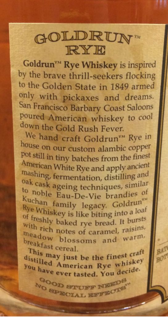 Goldrun Rye California Whiskey - Old World Spirits (750 mL) alcohol collectible - Main Image 2