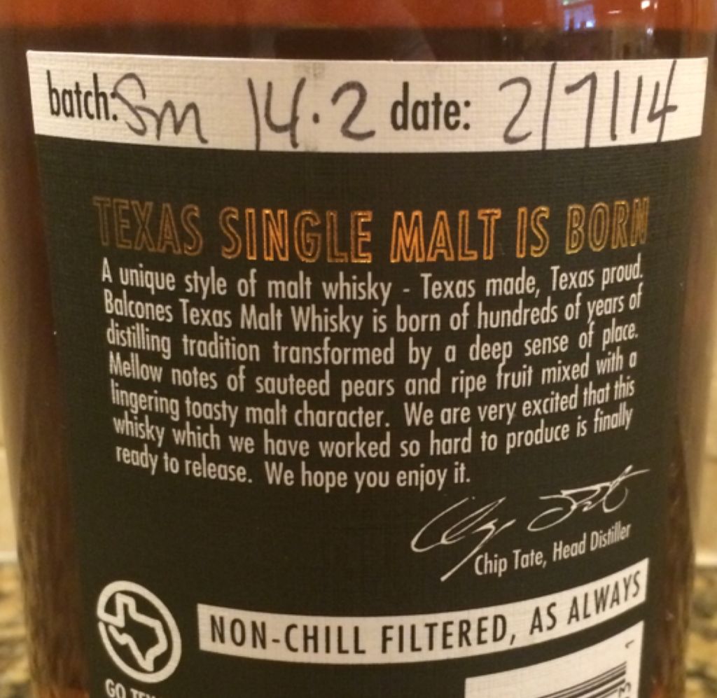 Balcones Single Malt (Chip Tate Label) - Balcones Distilling (750 mL) alcohol collectible - Main Image 2
