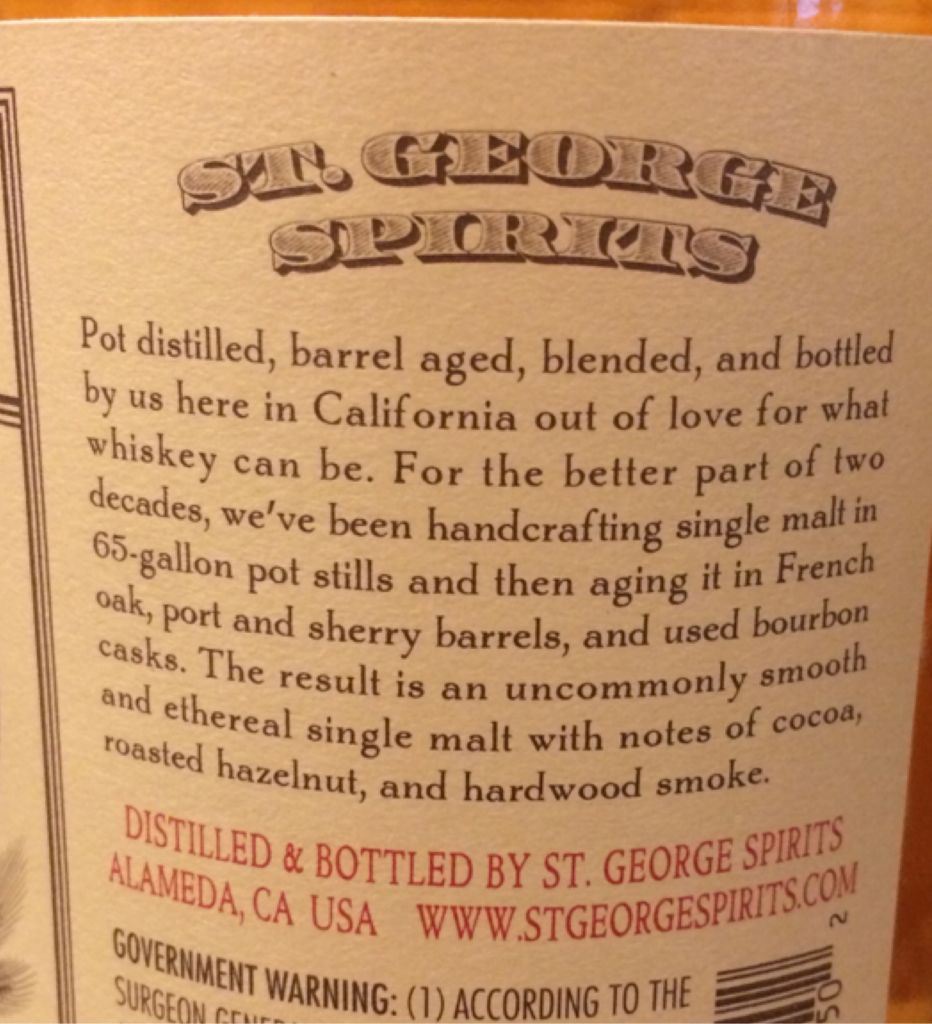 St George Single Malt - St George Spirits (750 mL) alcohol collectible - Main Image 2