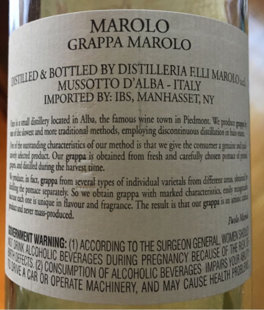 Grappa di Moscato - Distilleria Familli Marolo (750 mL) alcohol collectible - Main Image 2