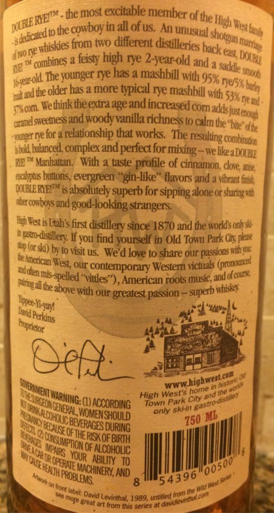 High West Double Rye! Whiskey - (Bottled At) High West Distillery (750 mL) alcohol collectible - Main Image 2