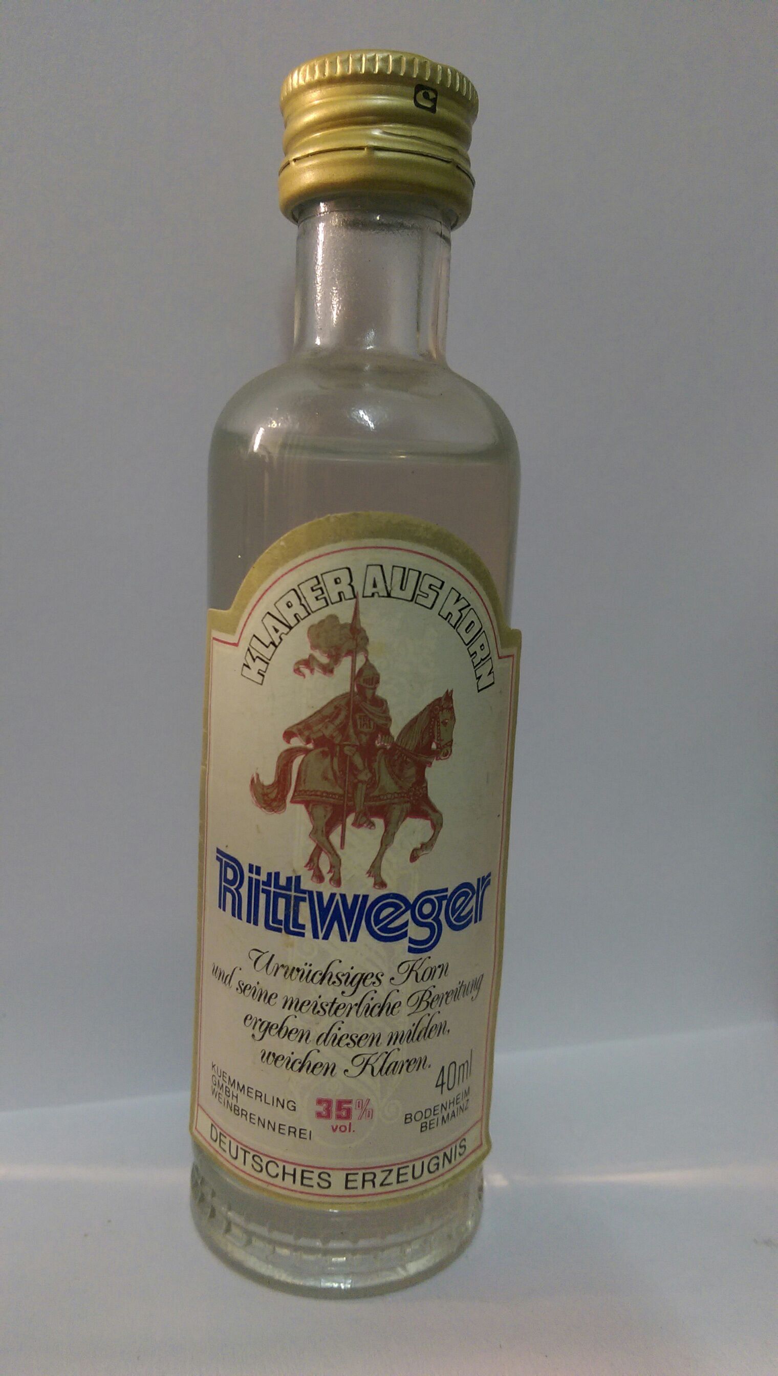 Klarer Aus Korn Rittweger - Deutsches Erzeugnis (40 ml.) alcohol collectible - Main Image 2