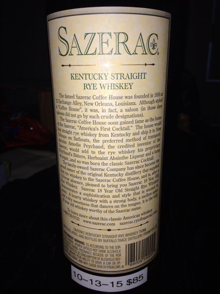 Sazerac 2015 - Buffalo Trace Distillery (750 mL) alcohol collectible - Main Image 2