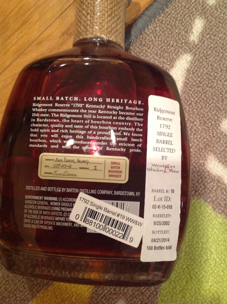 1792 Single Barrel Bourbon - Barton Distilling Company alcohol collectible - Main Image 2