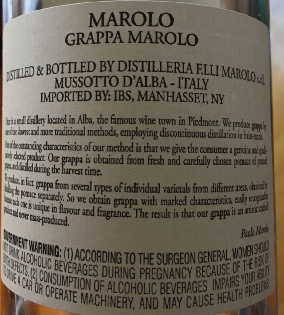 Grappa di Barolo - Distilleria Familli Marolo (750 mL) alcohol collectible - Main Image 2