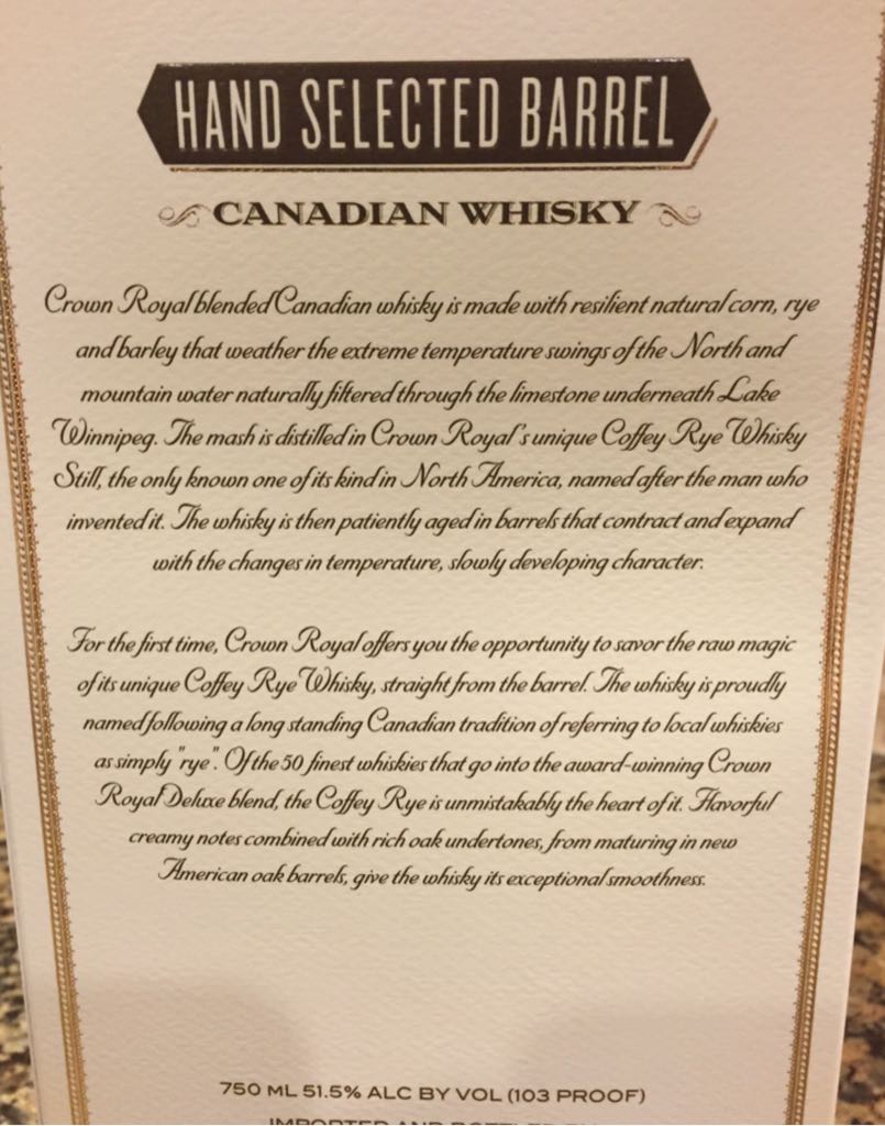 Crown Royal Hand Selected Barrel Coffey Rye - Crown Royal (750 mL) alcohol collectible - Main Image 2