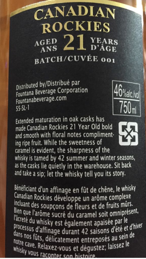 Canadian Rockies Aged 21 Years Batch 001 - Fountana Beverage Corporation (750 mL) alcohol collectible - Main Image 2