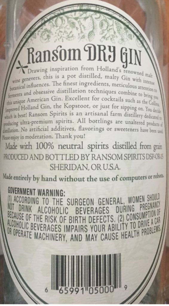 Ransom Dry Gin - Ransom Spirits (750 mL) alcohol collectible - Main Image 2