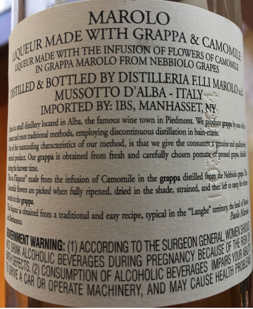 Grappa & Camomile - Distilleria Familli Marolo (750 mL) alcohol collectible - Main Image 2