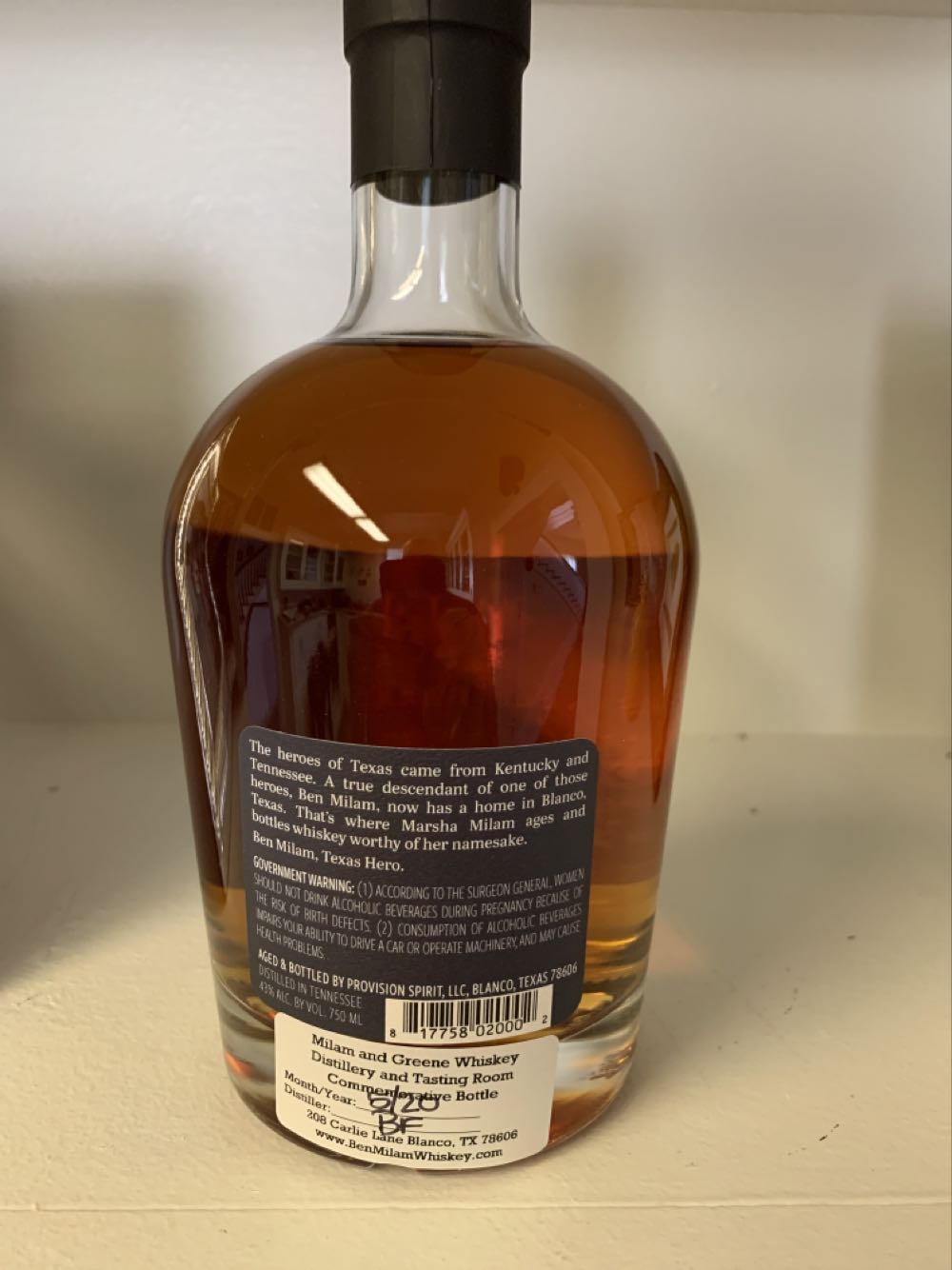 Ben Milam Single Barrel - Distilled in TN; Bottled by Provision Spirit, LLC (750 mL) alcohol collectible [Barcode 817758020002] - Main Image 2