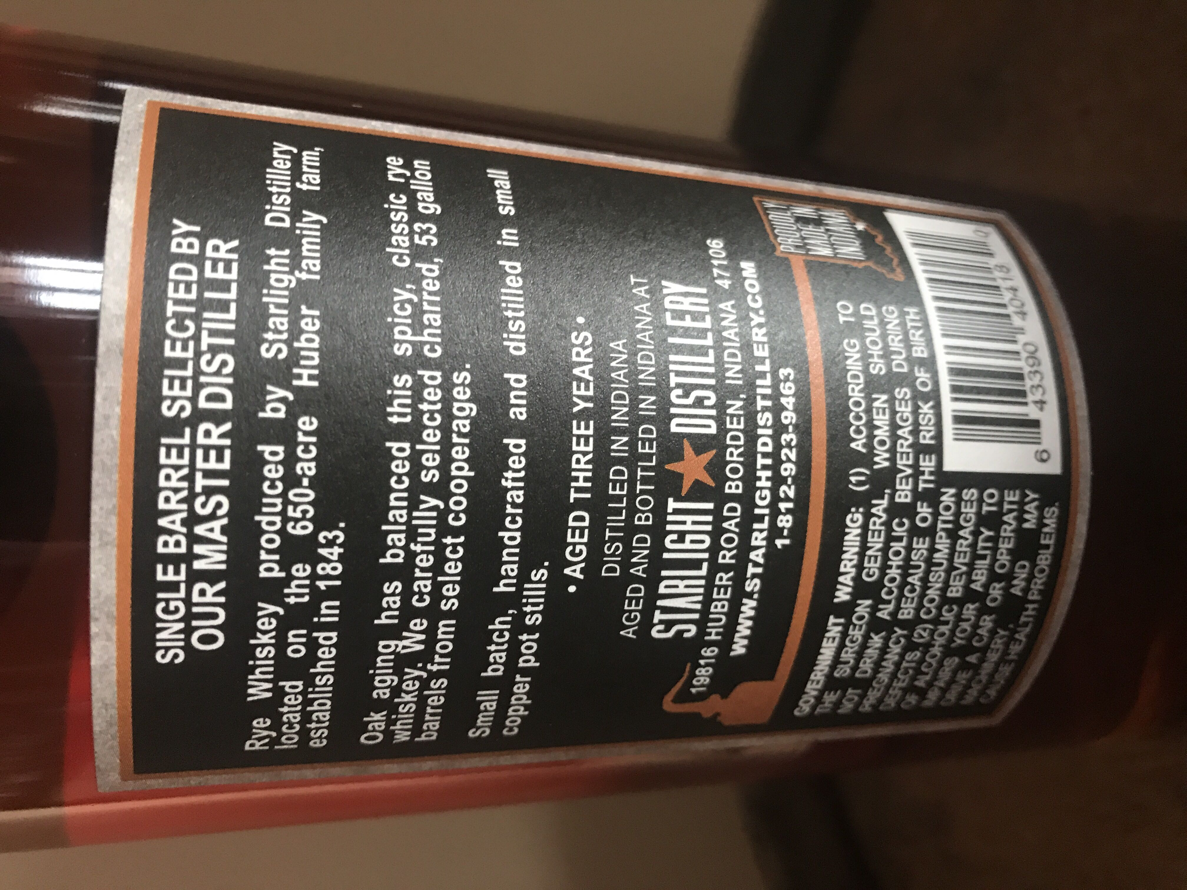 Huber’s Single Barrel Rickhouse Select - Starlight Distillery (750 mL) alcohol collectible [Barcode 643390404180] - Main Image 2