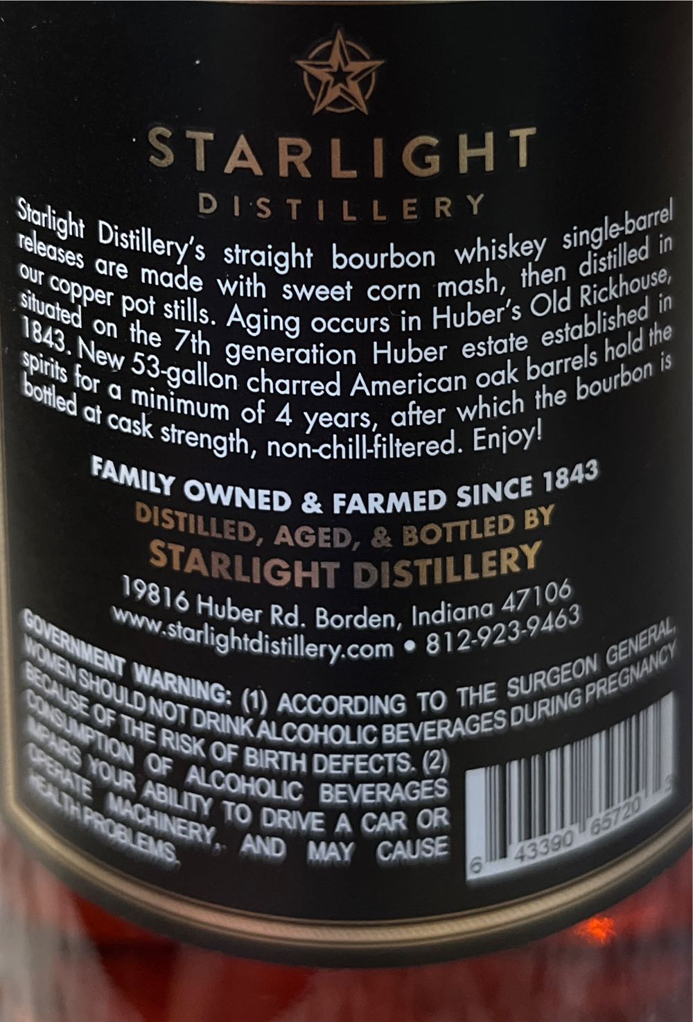 Huber’s Single Barrel Rickhouse Select - Starlight Distillery (750 mL) alcohol collectible [Barcode 643390404180] - Main Image 3