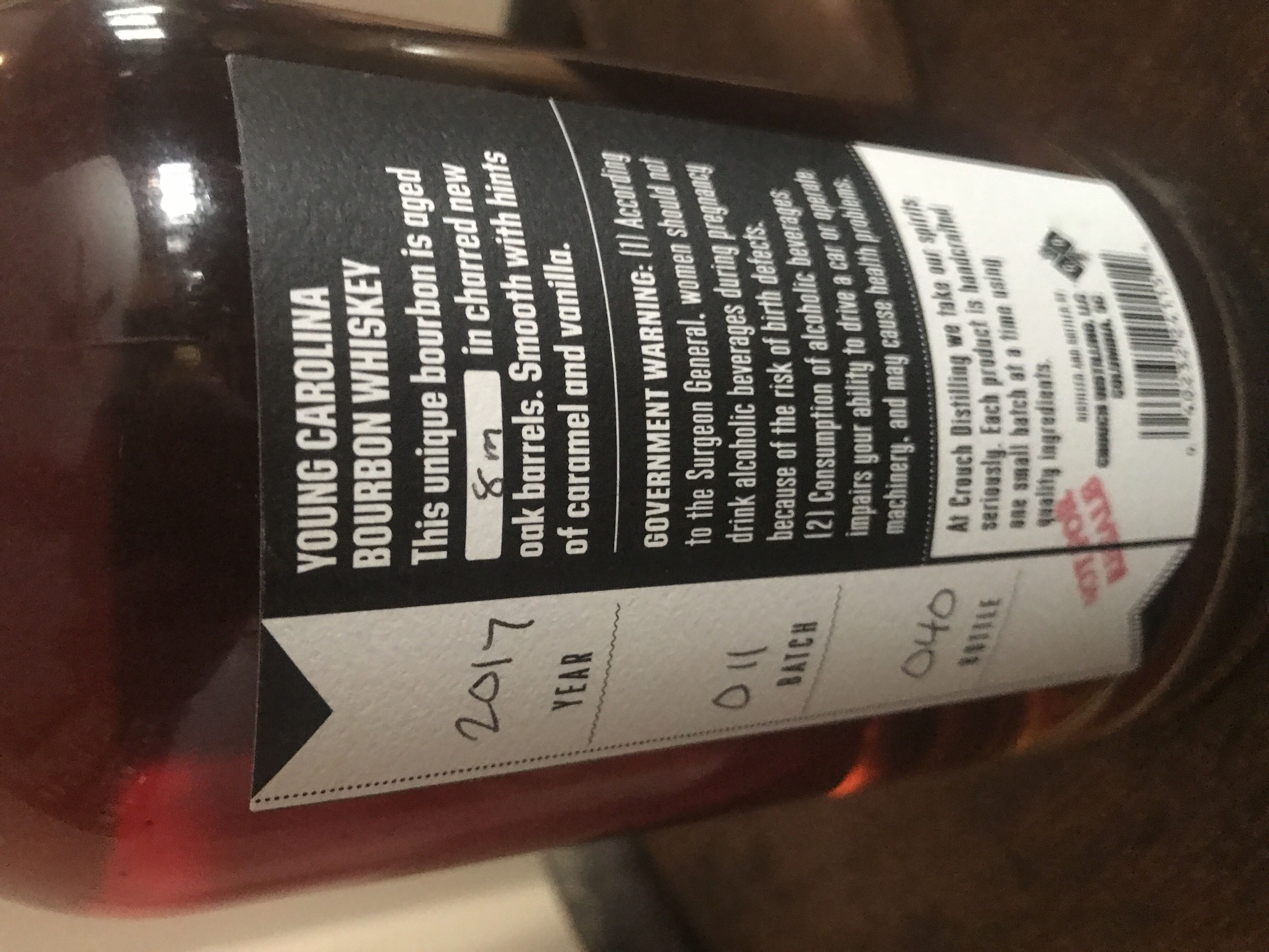 Crouch Young Carolina Bourbon  - Crouch Distilling (750 mL) alcohol collectible [Barcode 040232241154] - Main Image 2