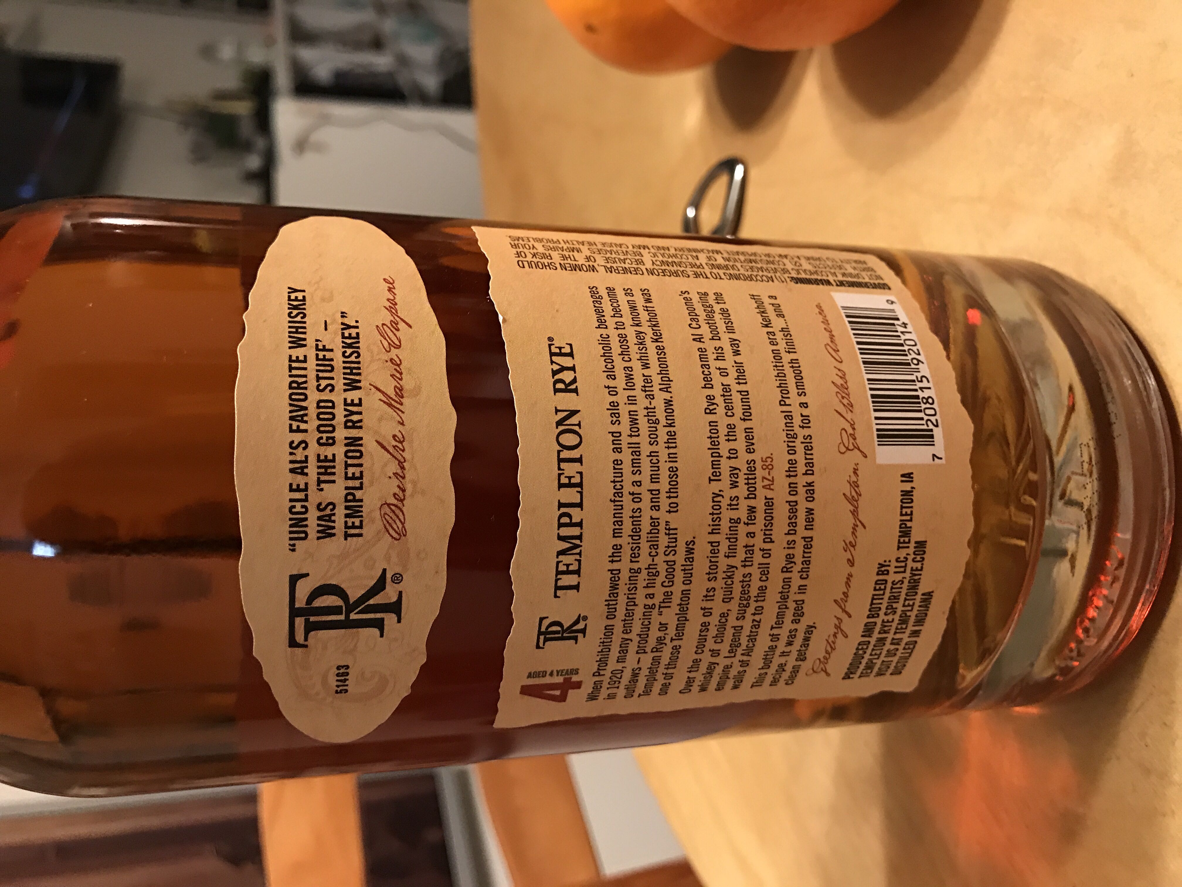 Templeton Rye 4yr Whiskey - Distilled In Indiana (1 L) alcohol collectible [Barcode 720815920149] - Main Image 2