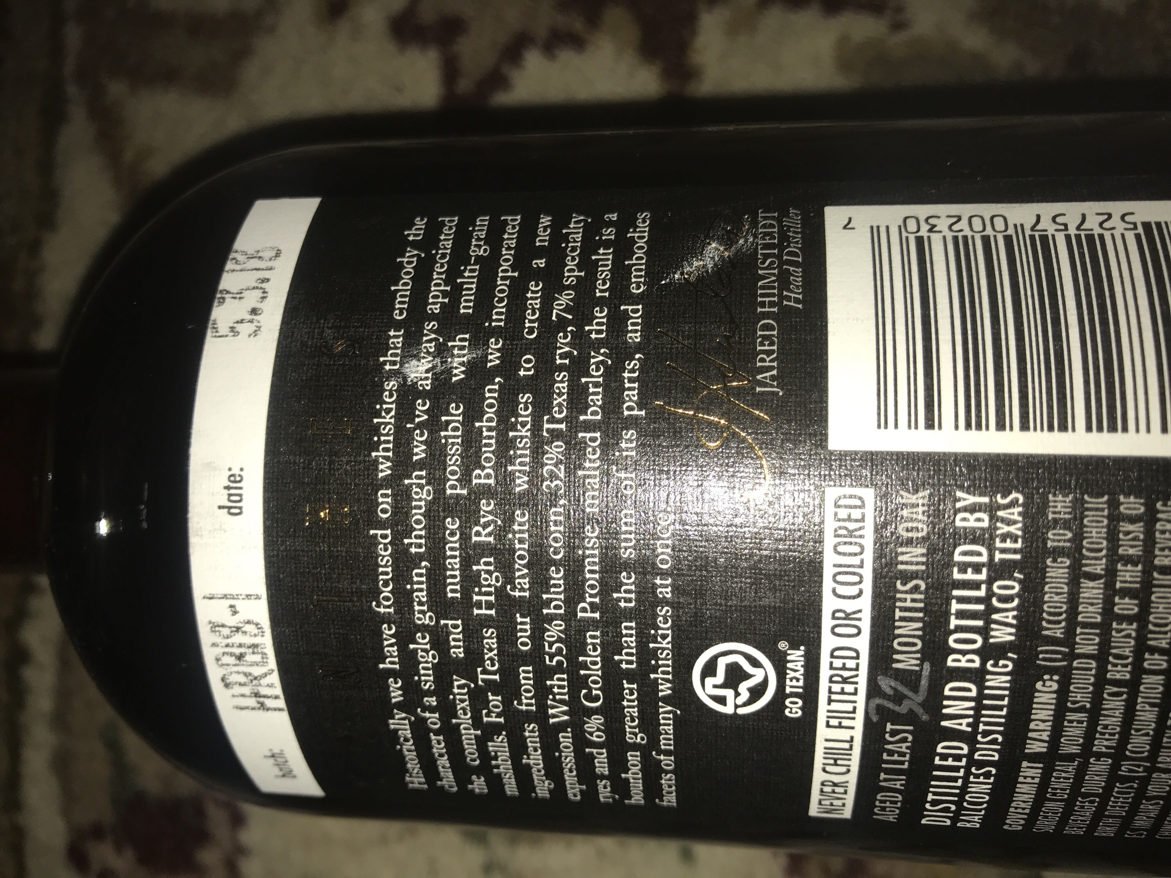 Balcones Texas High Rye Bourbon  - Balcones Distilling (750 mL) alcohol collectible [Barcode 852757002307] - Main Image 2