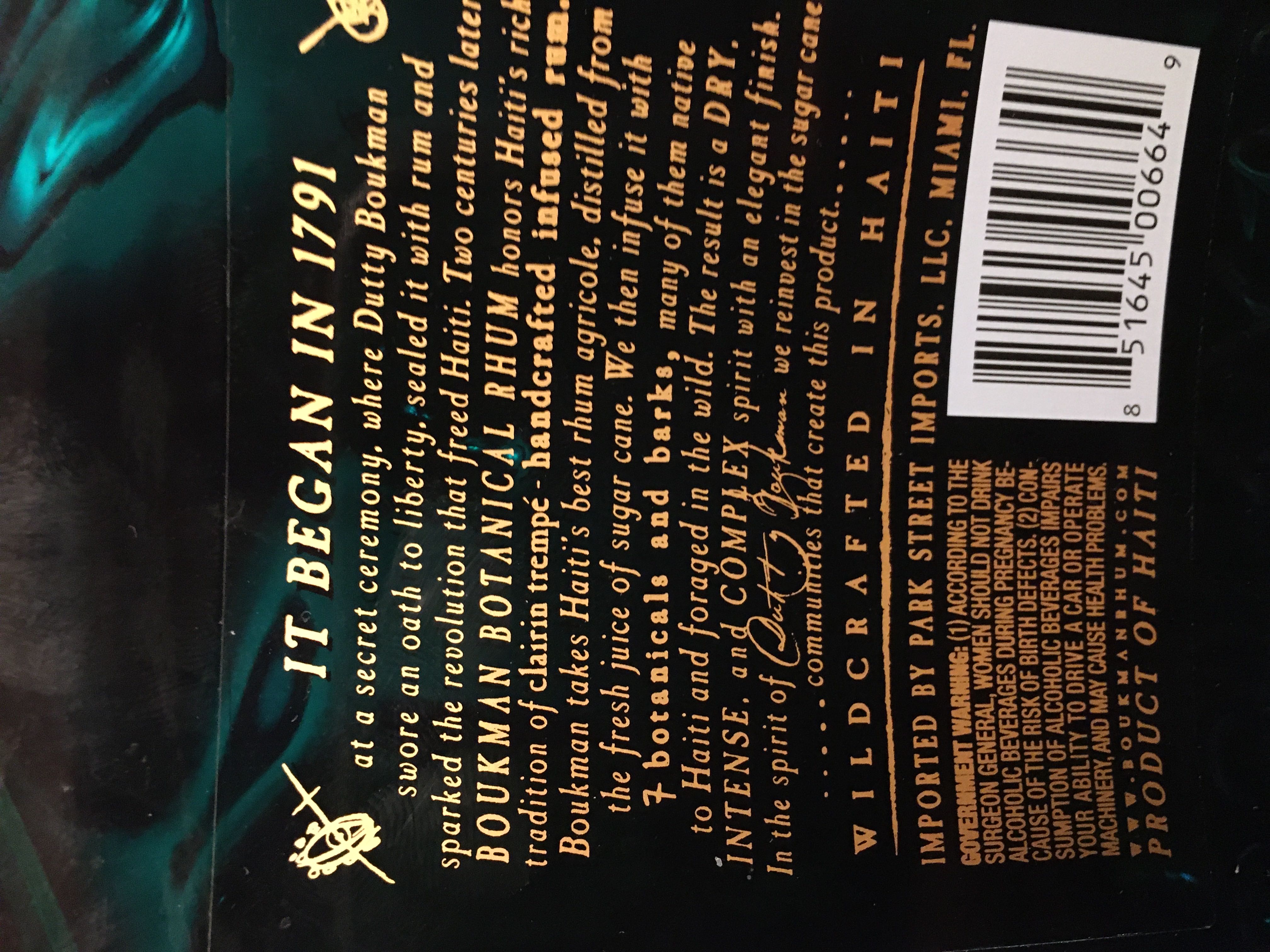 Boukman Botanical Rhum - Boukman alcohol collectible [Barcode 851645006649] - Main Image 2