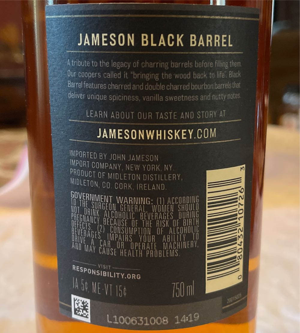 Jameson Black Barrel Irish Whiskey - Midleton Distillery Co. Cork Ireland (750 mL) alcohol collectible [Barcode 080432107263] - Main Image 2