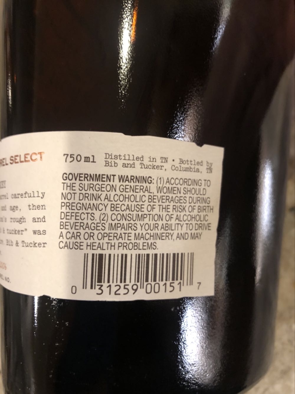 Bib & Tucker 12 Year Single Barrel Select - Distilled In TN; Bottled By Bib & Tucker (750 mL) alcohol collectible [Barcode 031259001517] - Main Image 2