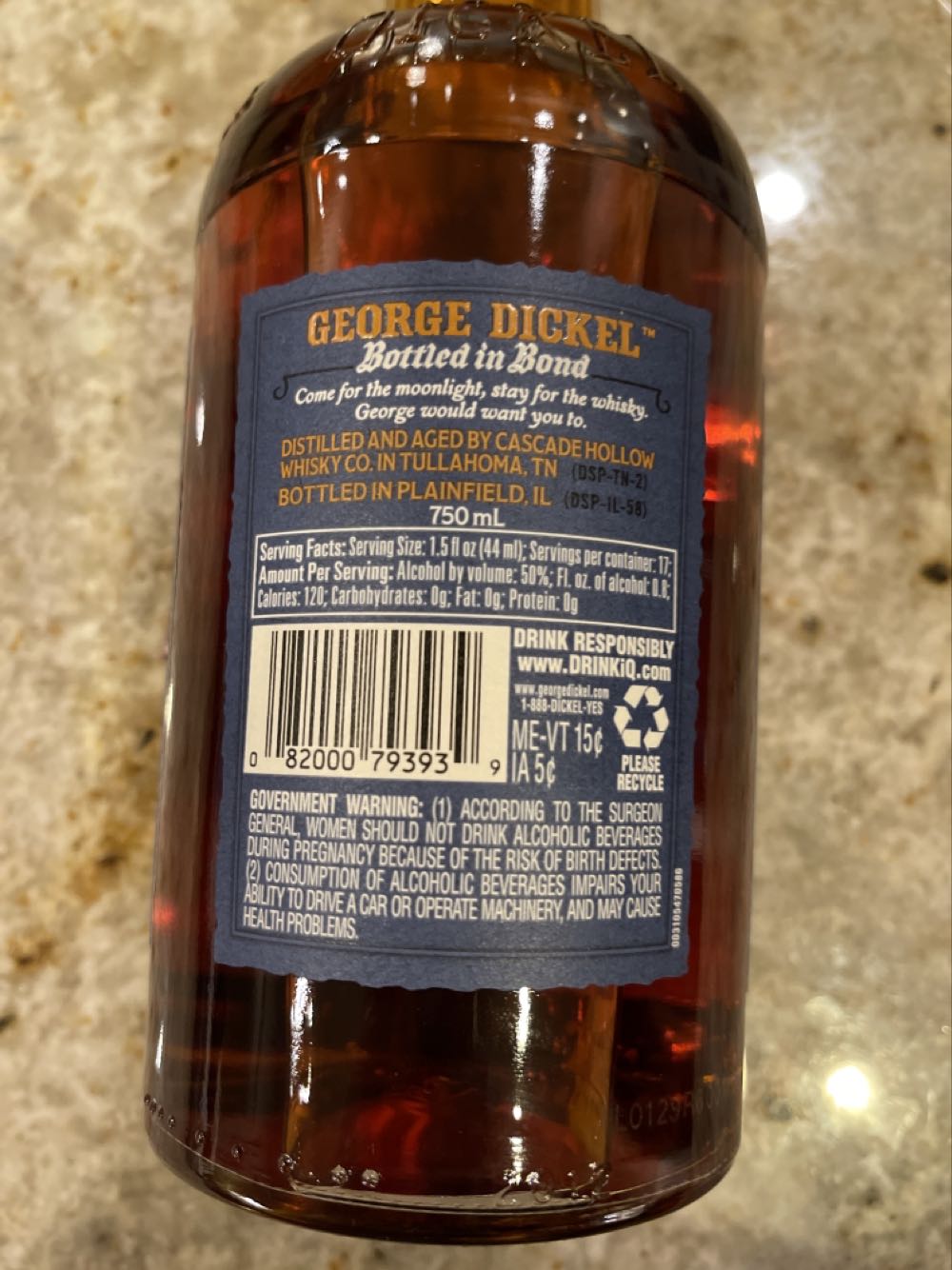 George Dickel Bottled In Bond - Cascade Hollow Distillery (750 mL) alcohol collectible [Barcode 082000793939] - Main Image 2