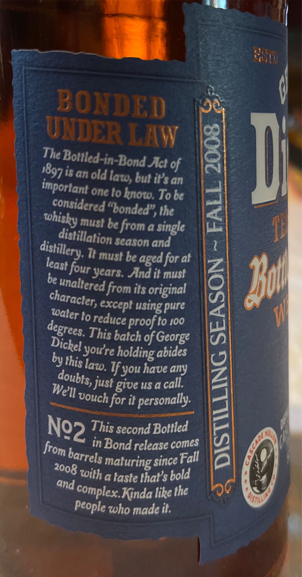 George Dickel Bottled In Bond - Cascade Hollow Distillery (750 mL) alcohol collectible [Barcode 082000793939] - Main Image 4