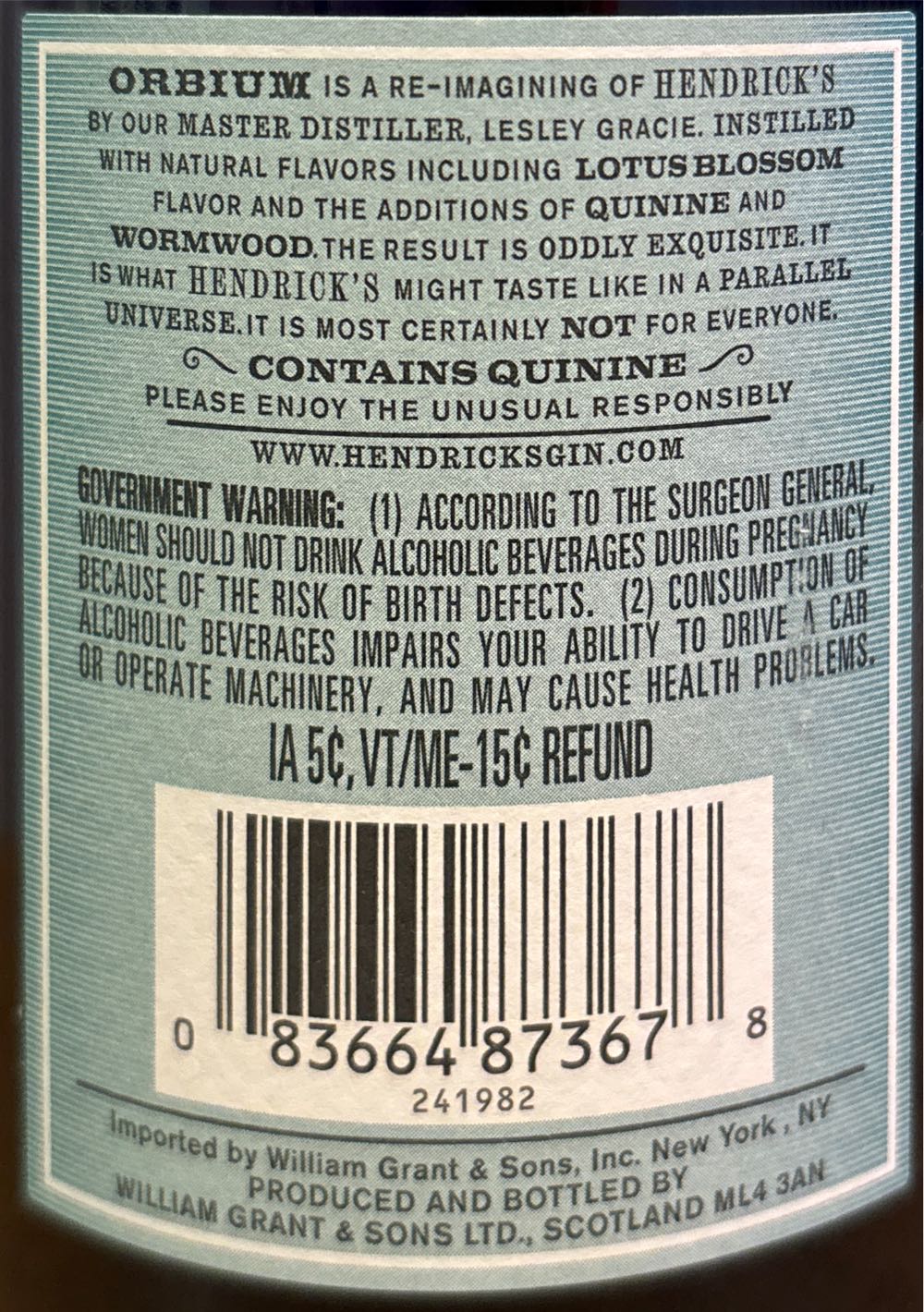 Hendrick’s Gin Orbium - William Grant & Sons Limited (750mL) alcohol collectible [Barcode 083664873678] - Main Image 2