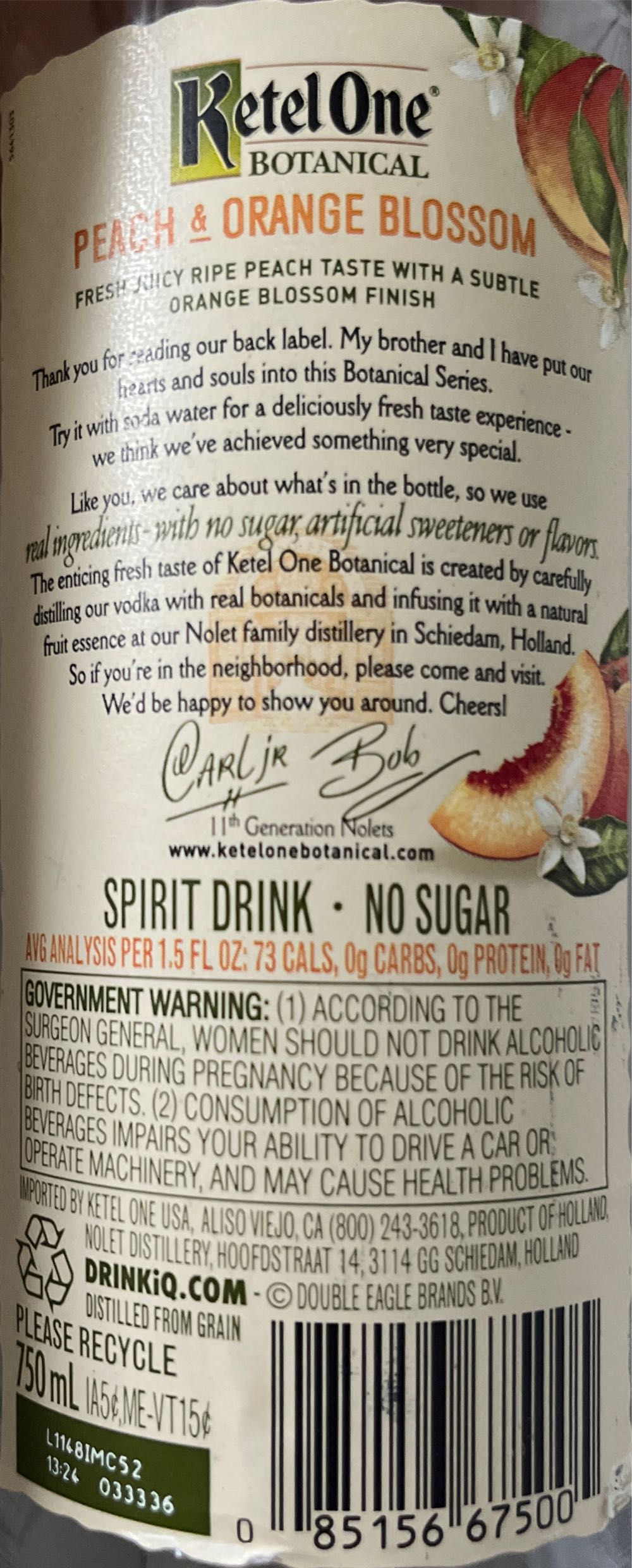 Ketel One Botanical Peach And Orange Blossom Vodka - Nolet Distillery, Schiedam, Holland (750mL) alcohol collectible [Barcode 085156675005] - Main Image 2