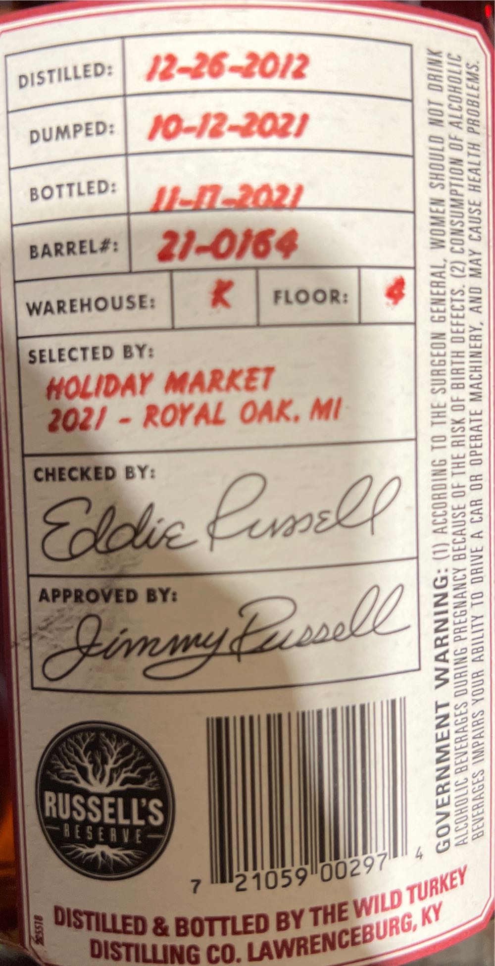 Russell’s Reserve Private Barrel Selection - Wild Turkey Distilling Co. (750mL) alcohol collectible [Barcode 721059002974] - Main Image 4