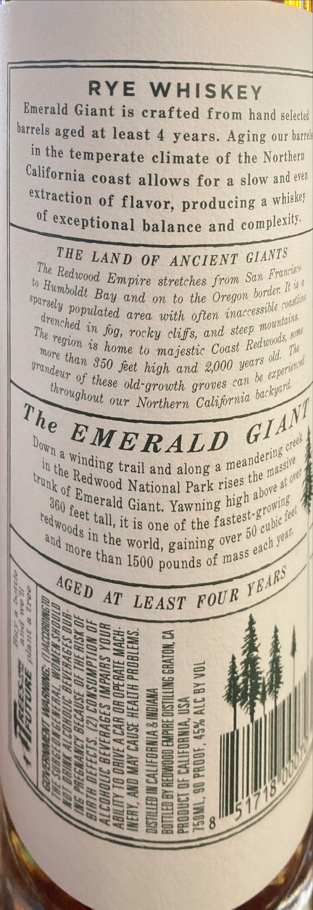 Redwood Empire Emerald Giant Rye - Redwood Empire Distilling (750 mL) alcohol collectible [Barcode 851718000703] - Main Image 2