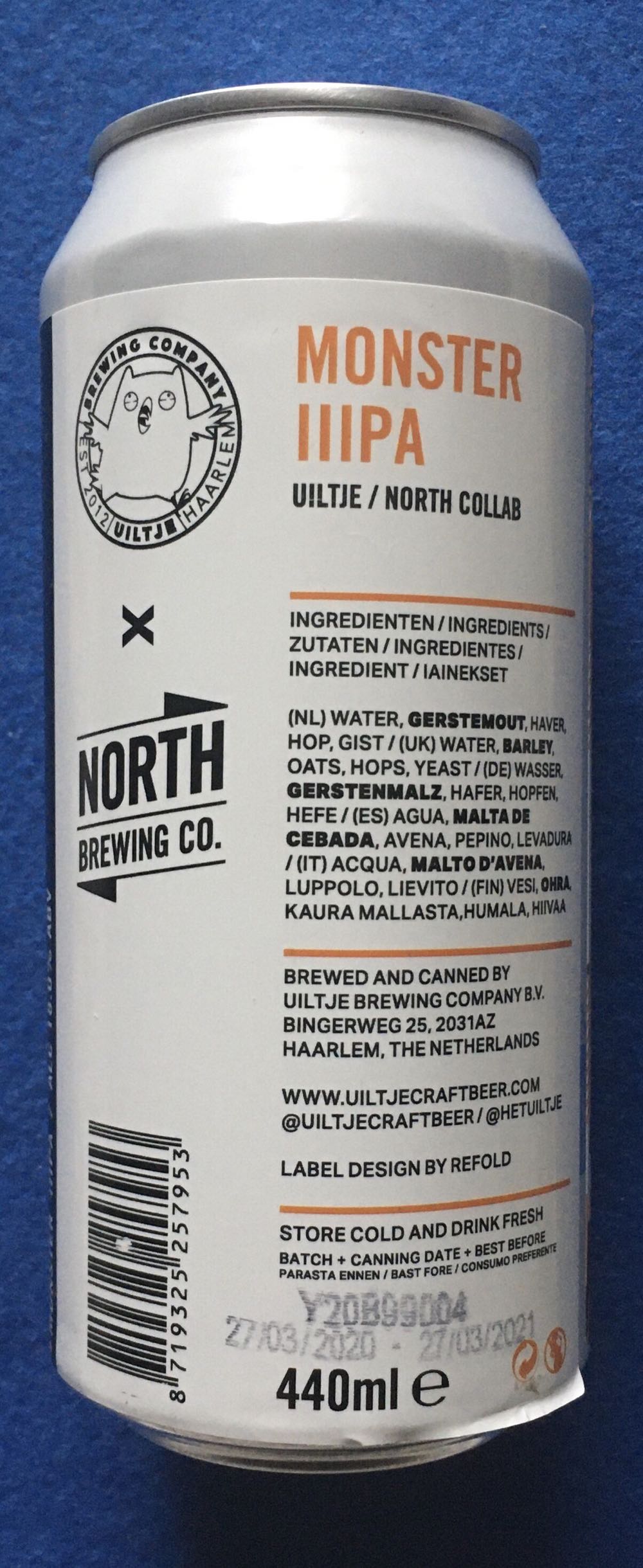 Monster IIIPA - Uiltje Brewing Company (440 mL) alcohol collectible [Barcode 8719325257953] - Main Image 3