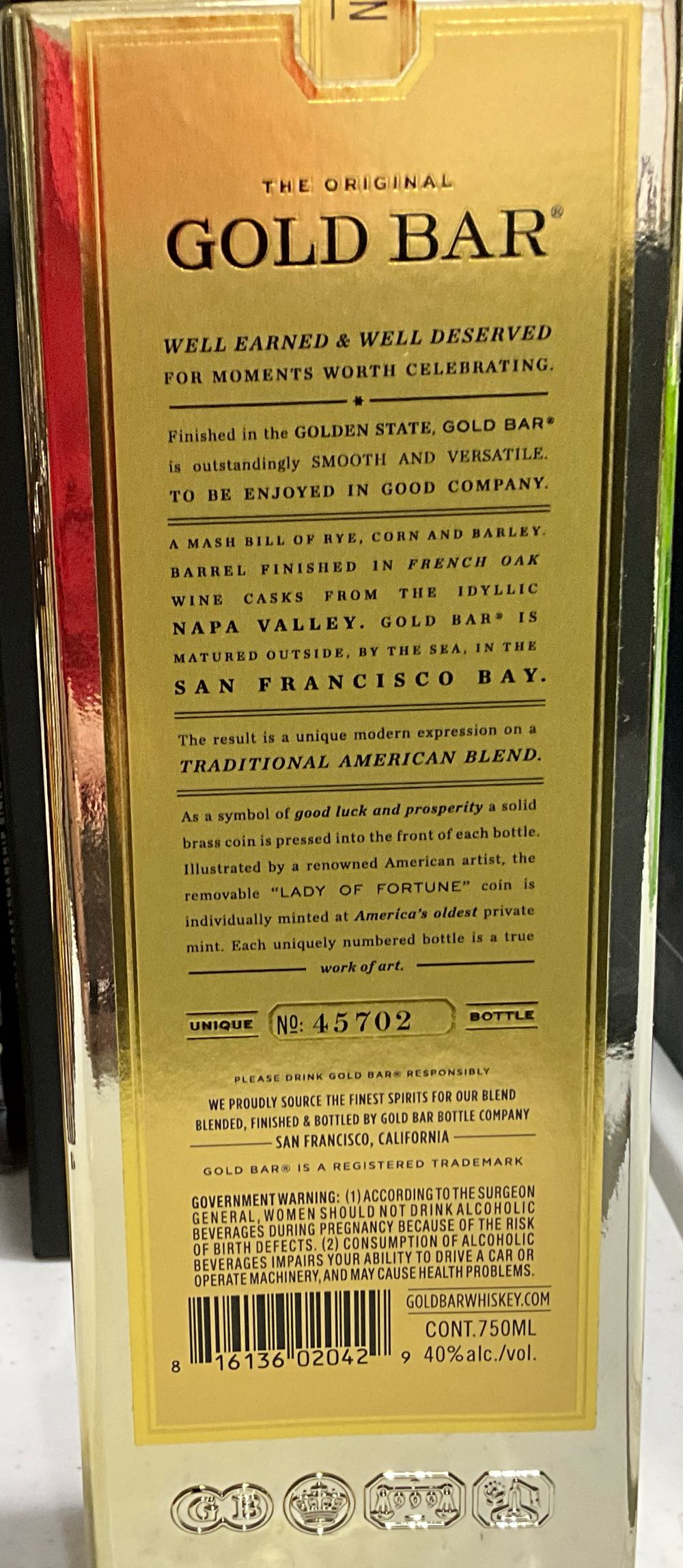 Gold Bar Blended Whiskey Finished In CA Casks - Gold Bar Bottle Co (750 mL) alcohol collectible [Barcode 816136020429] - Main Image 2