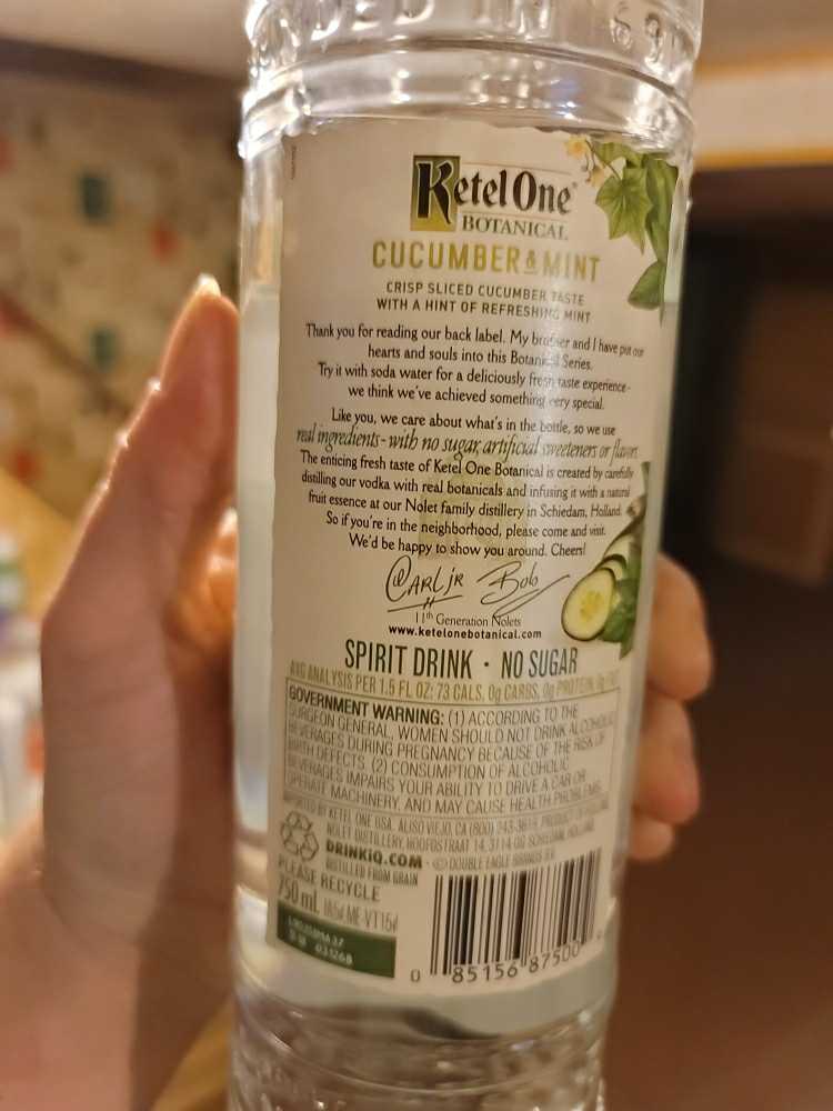 Ketel One Botanical Cucumber And Mint Flavored Vodka - Holland - Nolet Distillery- Schiedam- Holland (750mL) alcohol collectible [Barcode 085156875009] - Main Image 2