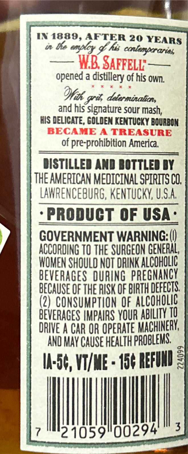 W.B. Saffell - The Americam Medicinal Sprits Co. (375 mL) alcohol collectible [Barcode 721059002943] - Main Image 3