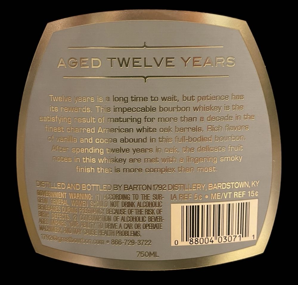 1792 Aged Twelve Years - Barton 1792 Distillery (750mL) alcohol collectible [Barcode 088004030711] - Main Image 3