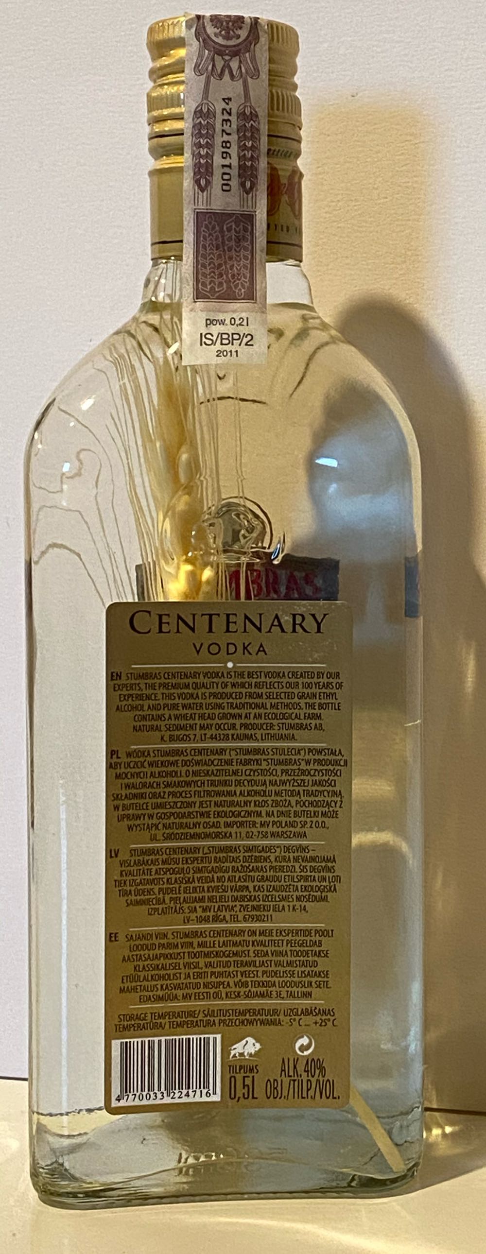 Stumbras Centenary Vodka 50cl - Stumbras Ab (500 mL) alcohol collectible [Barcode 4770033224716] - Main Image 2