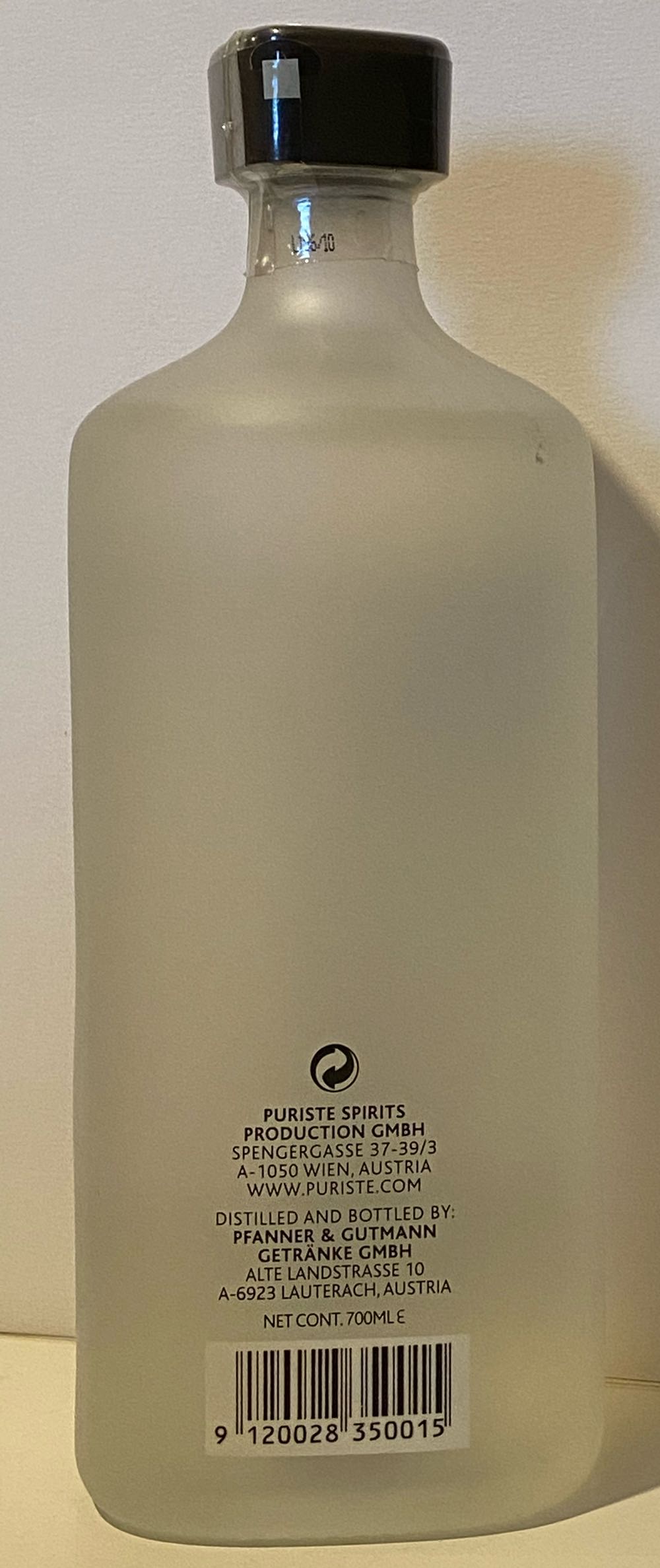 Puriste Premium Vodka No. 1 - Pfanner & Gutmann (700 mL) alcohol collectible [Barcode 9120028350015] - Main Image 2