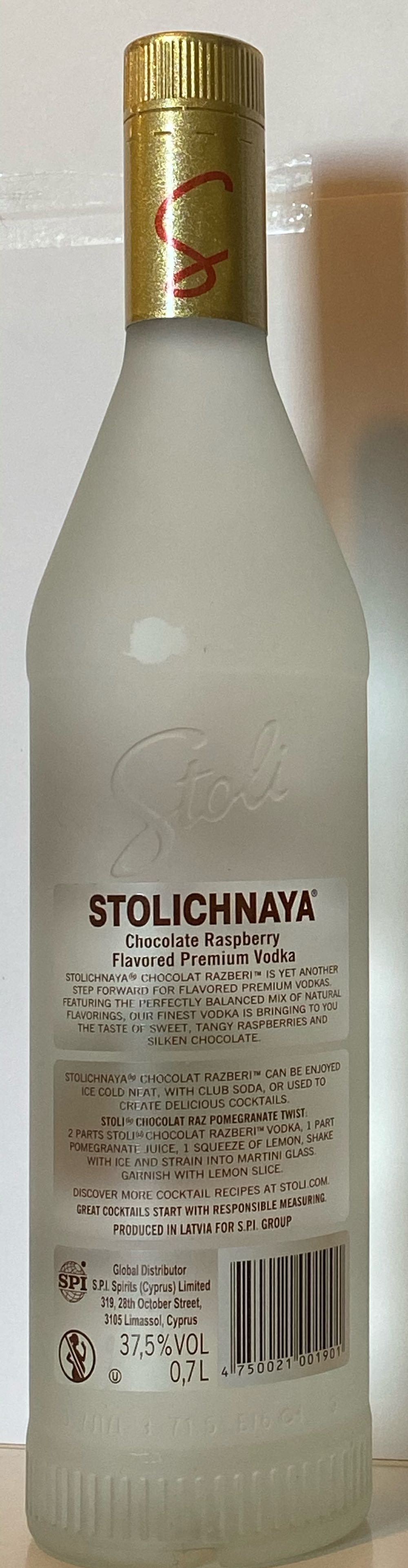 Stolichnaya Chocolate Raspberry Vodka - Stoli Group (700 mL) alcohol collectible [Barcode 4750021001901] - Main Image 2
