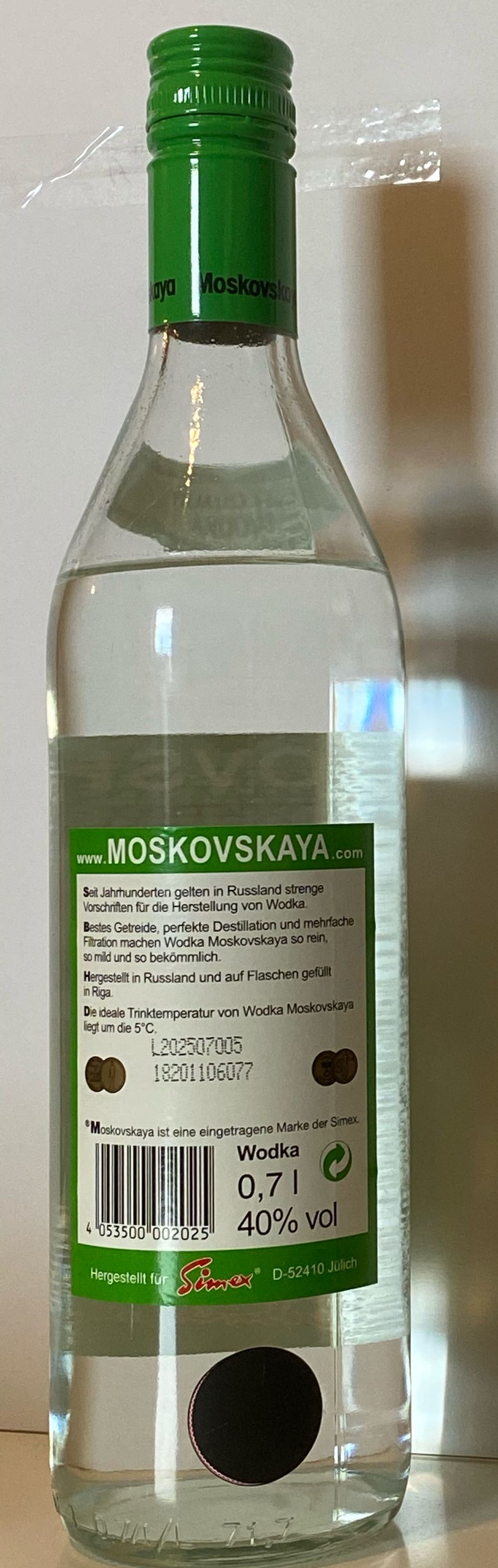 Moskovskaya Vodka 0.7l - SPI Original (700 mL) alcohol collectible [Barcode 4053500002025] - Main Image 2