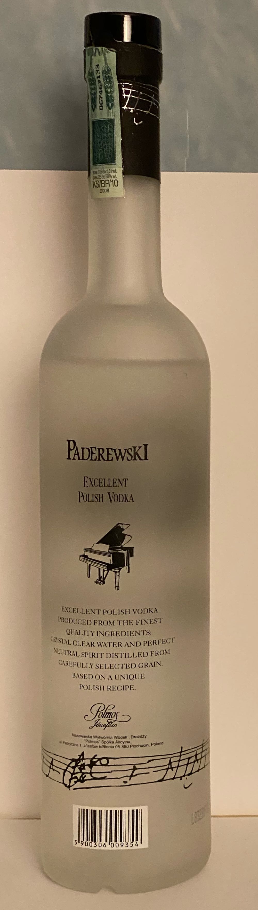 Paderewski Excellent Polish Vodka - Polmos Jozefow (700 mL) alcohol collectible [Barcode 5900306009354] - Main Image 2